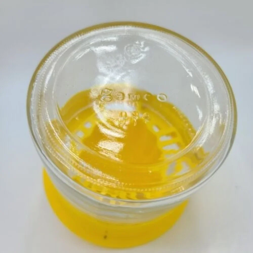 Vintage Gemco Clear Glass Juicer Container With Yellow Lid Manual Fruit Press